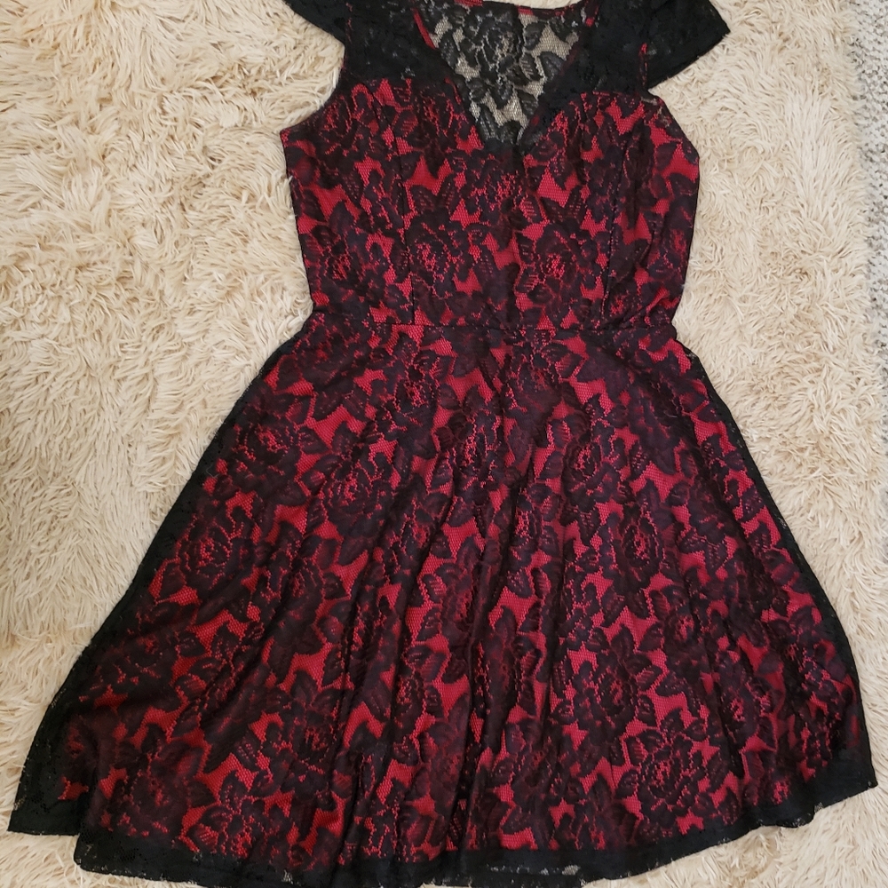 Bailey blue dress black lace over red